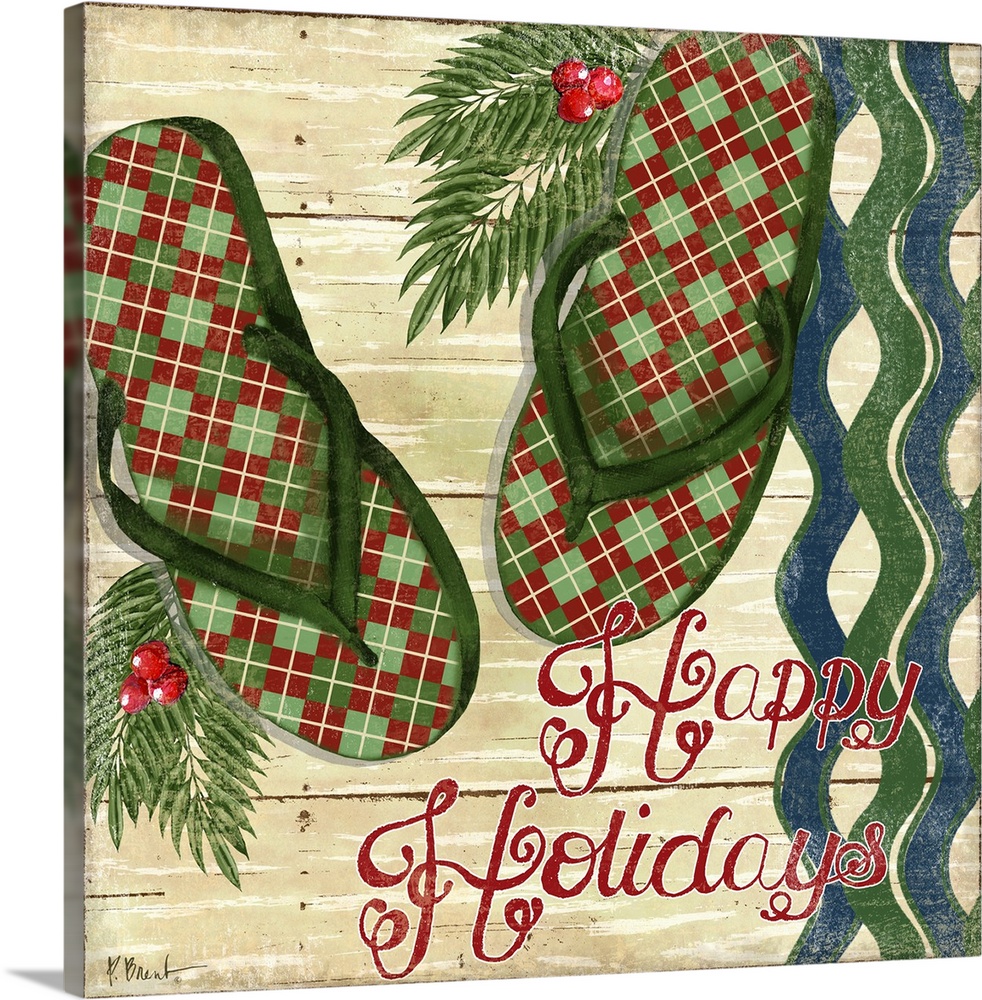 A pair of plaid-patterned holiday flip-flops decorated with holly and the words "Happy Holidays."