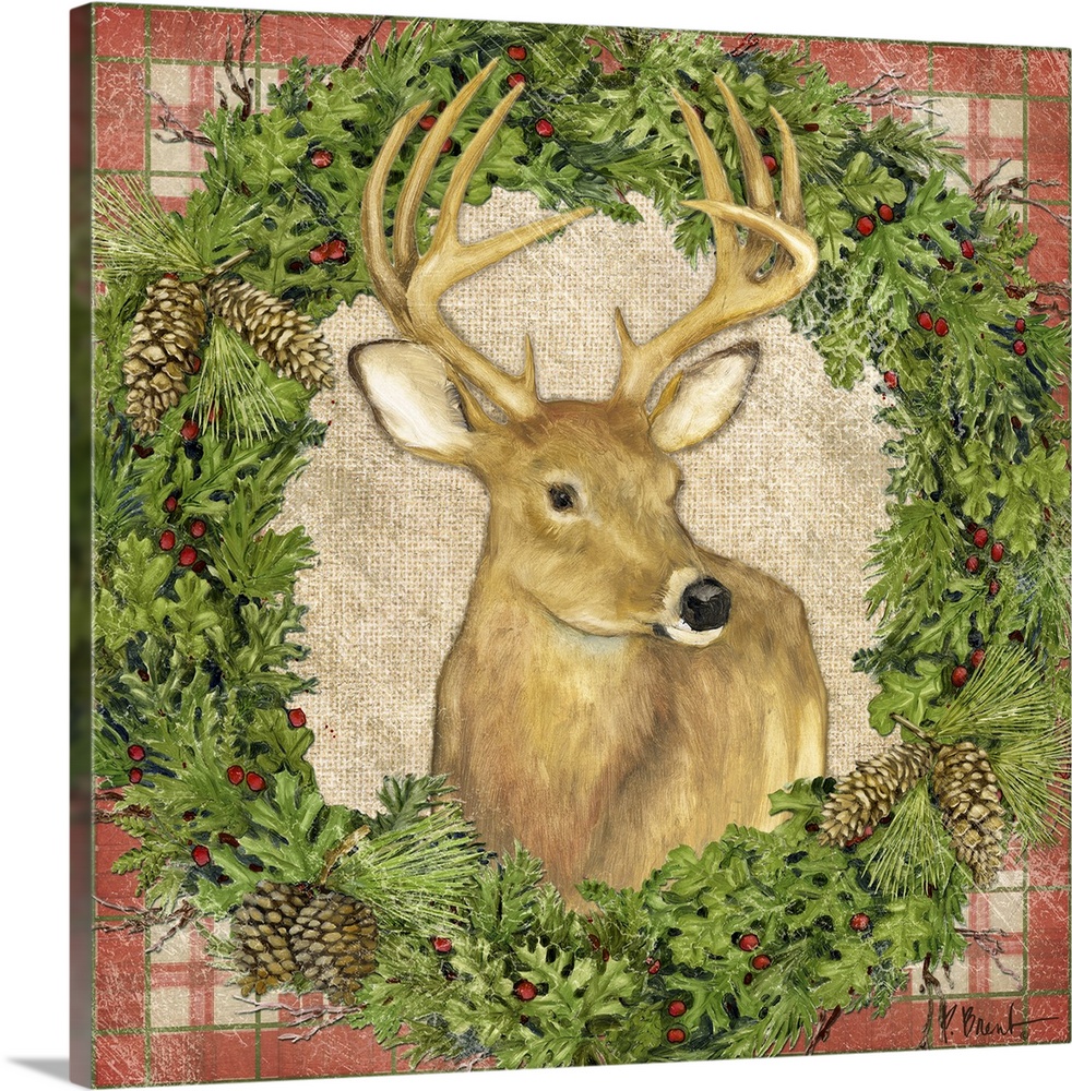 Portrait of a deer inside a seasonal wreath.