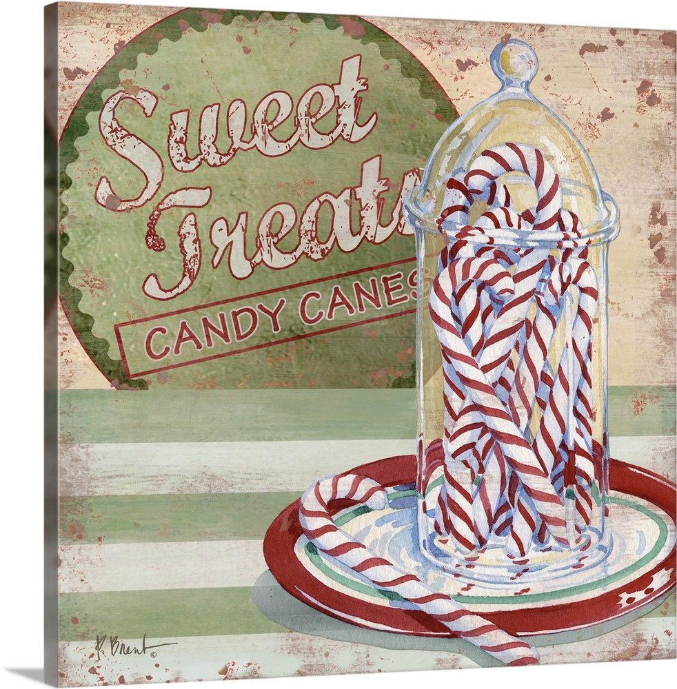 Festive artwork featuring several striped candy canes in a glass jar.