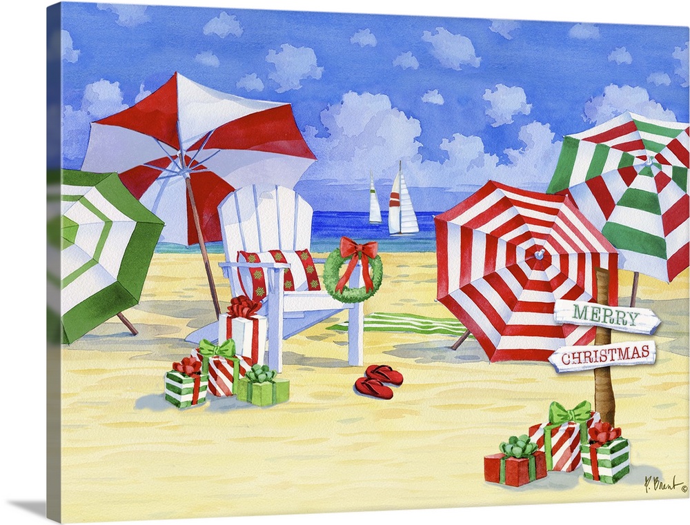 Watercolor painting of festive red and green umbrellas on a sunny beach.