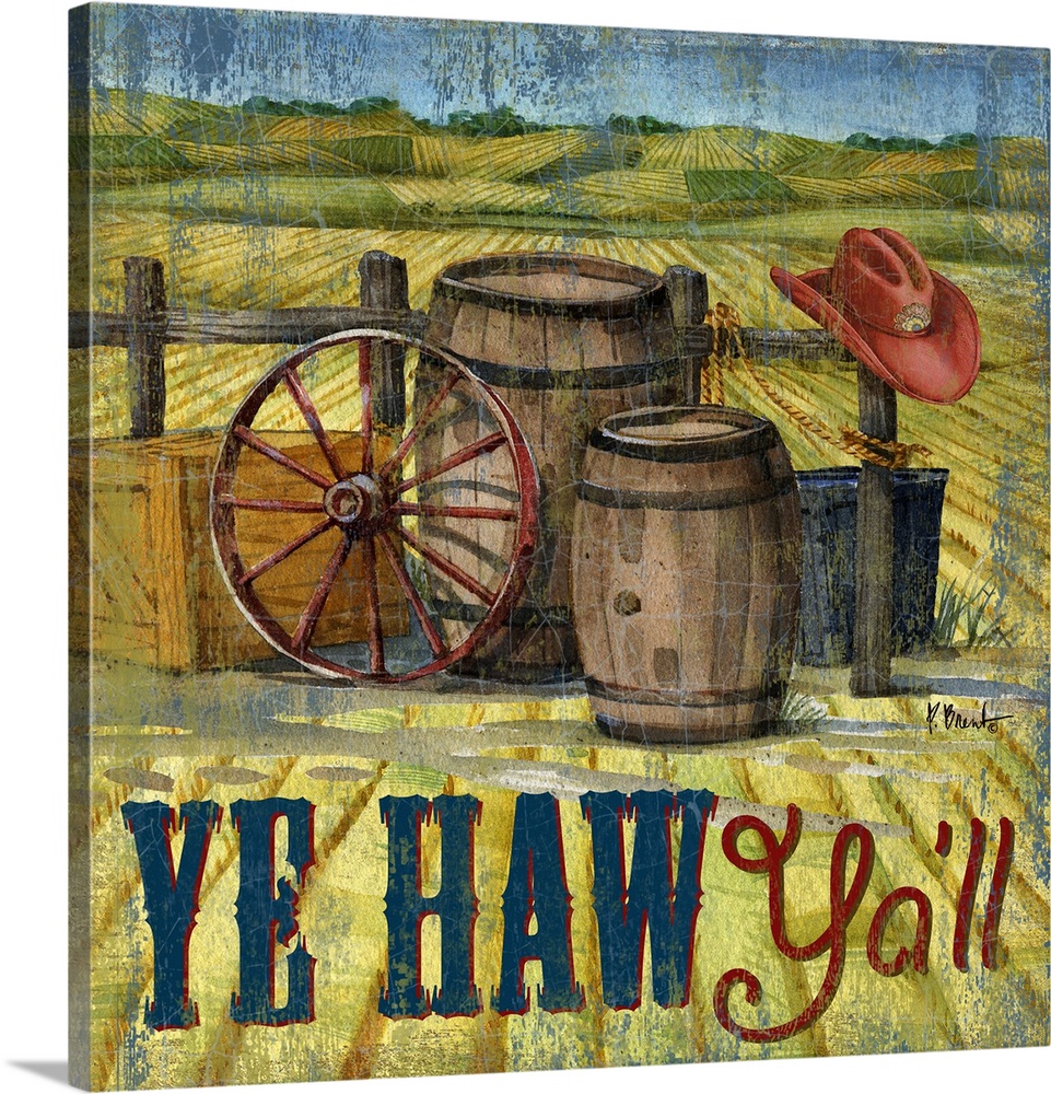 An assortment of cowboy-themed items including a wagonwheel, barrel, and hat.