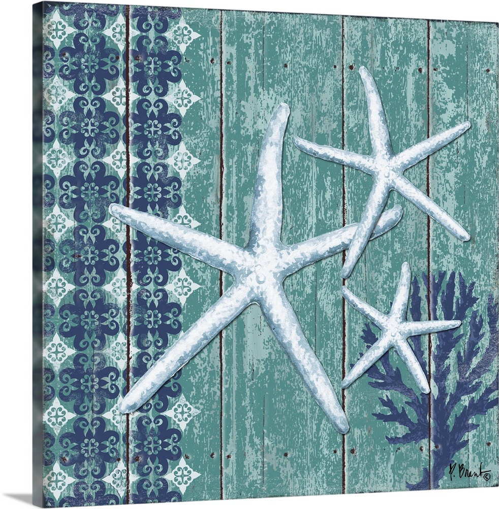 Decorative artwork featuring three starfish on a faux wood panel background in turquoise hues.