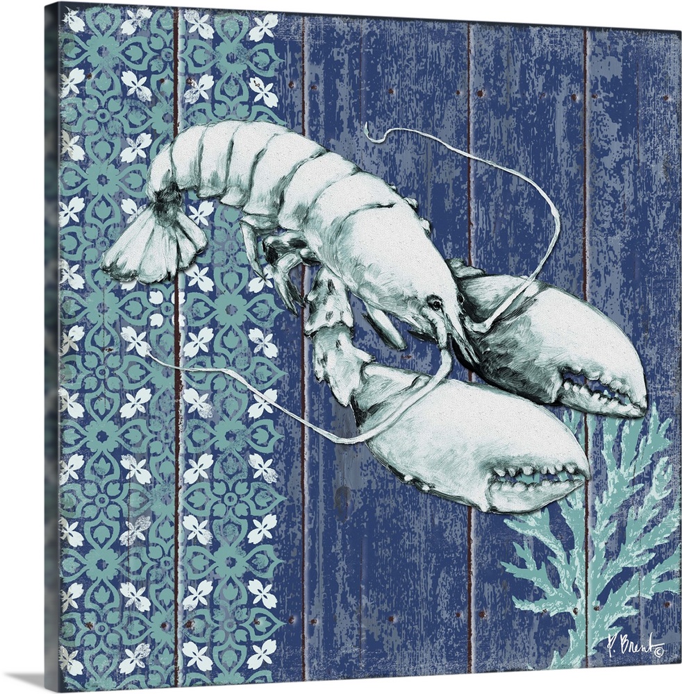 Contemporary decorative artwork of a lobster with coral and a floral pattern on a textured panel background.