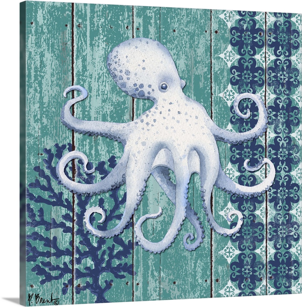 Contemporary decorative artwork of an octopus with coral and a floral pattern on a textured panel background.