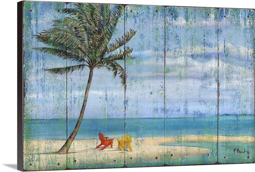 Large decor with a painted beach scene on a faux wood background.