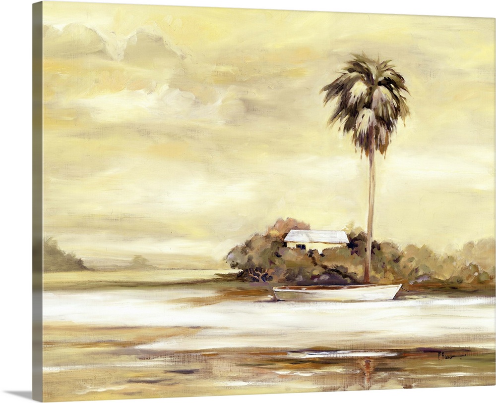 Sepia-toned painting of a tall palm tree rising over a sandy beach.