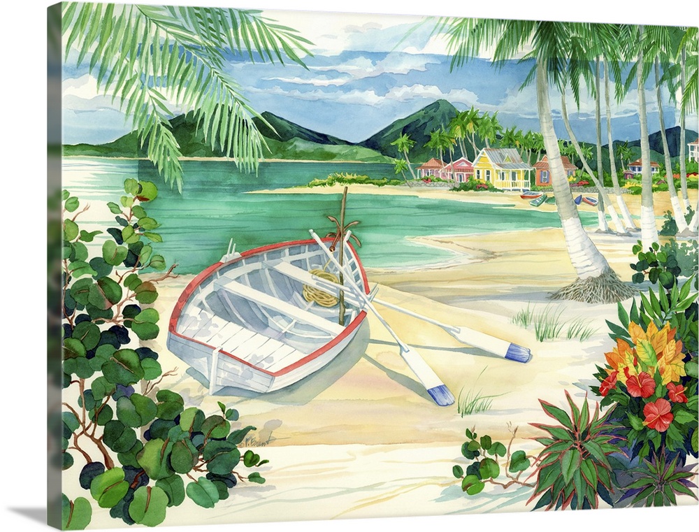 Watercolor painting of a boat on a tropical beach with palm trees.