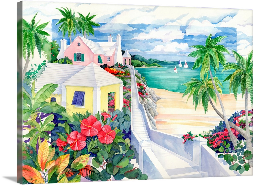 Watercolor painting of a tropical resort town with palm trees.