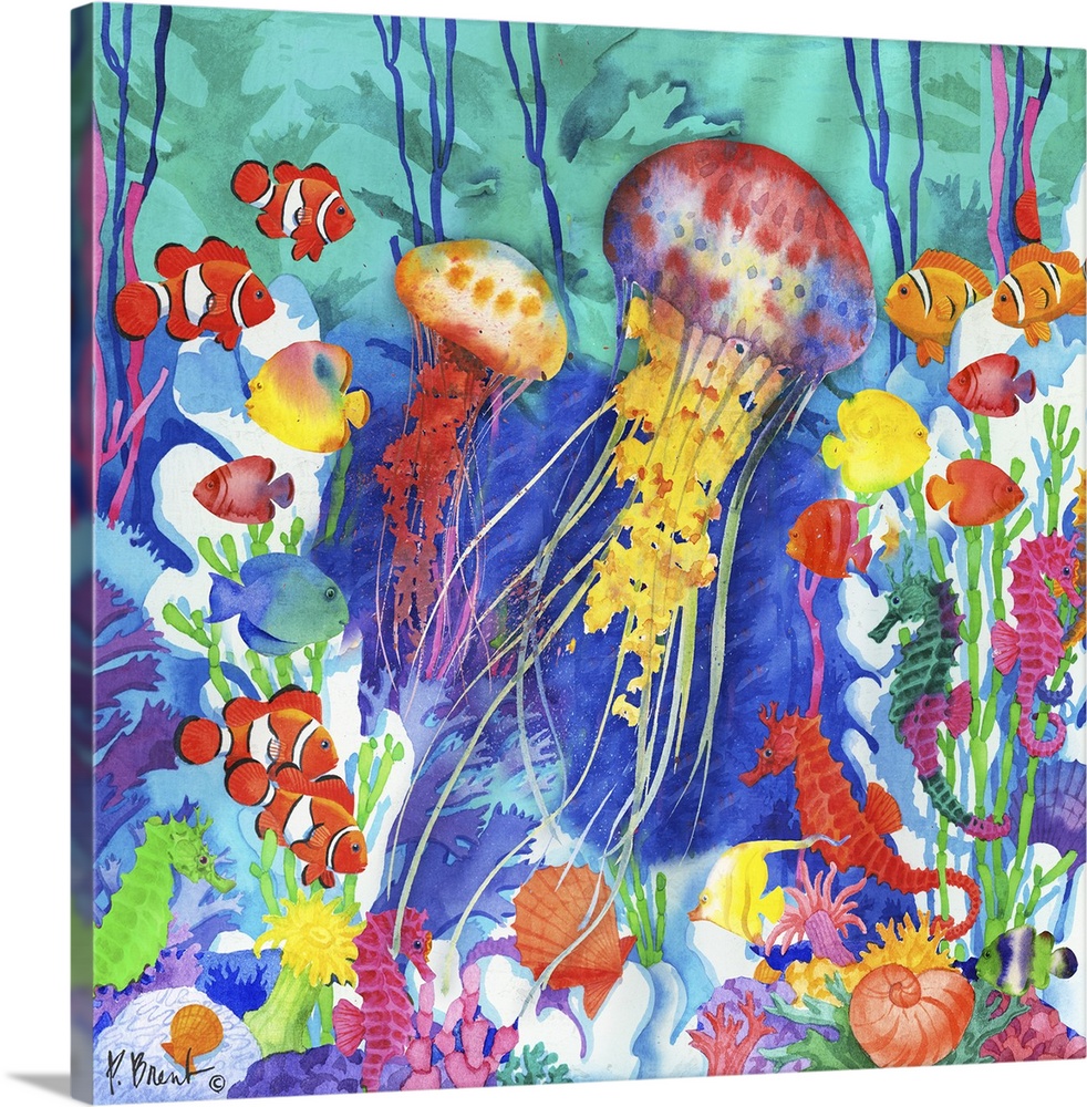 Colorful square watercolor painting of an under the sea scene with jellyfish, fish, seahorses, and shells.