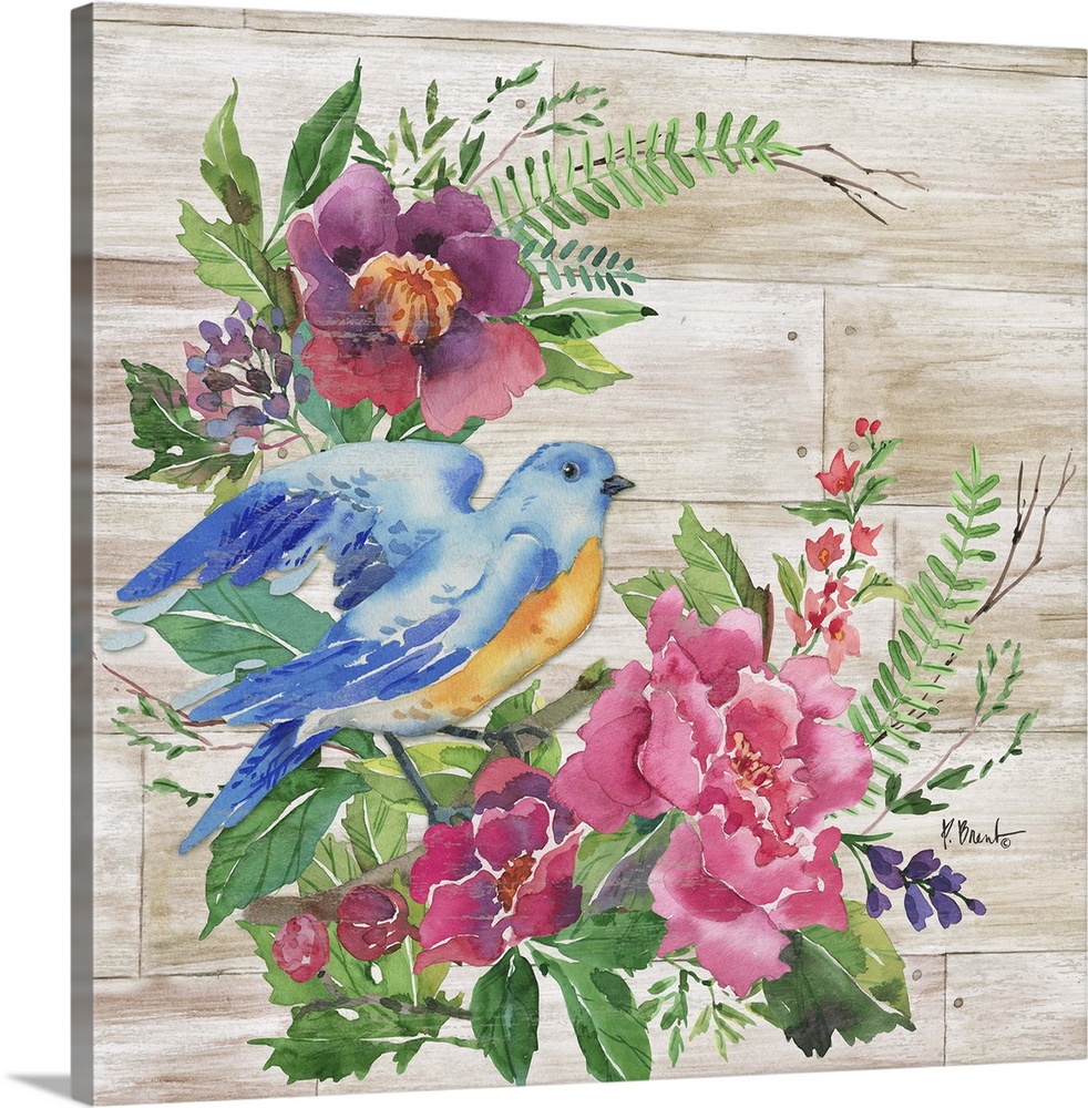 Square decor with watercolor painted flowers and a blue and orange bird on a faux wood background.