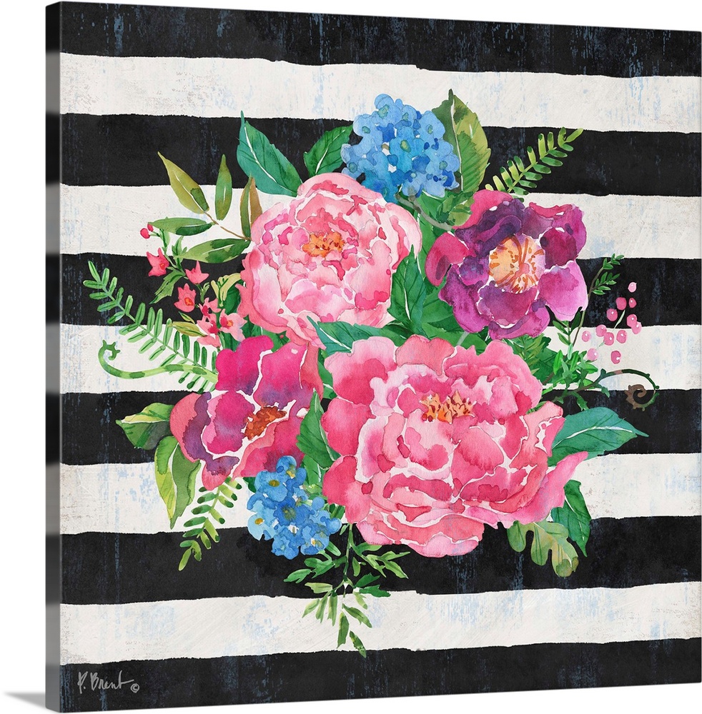 Square decor with a watercolor painted bouquet of flowers on a black and white striped background.