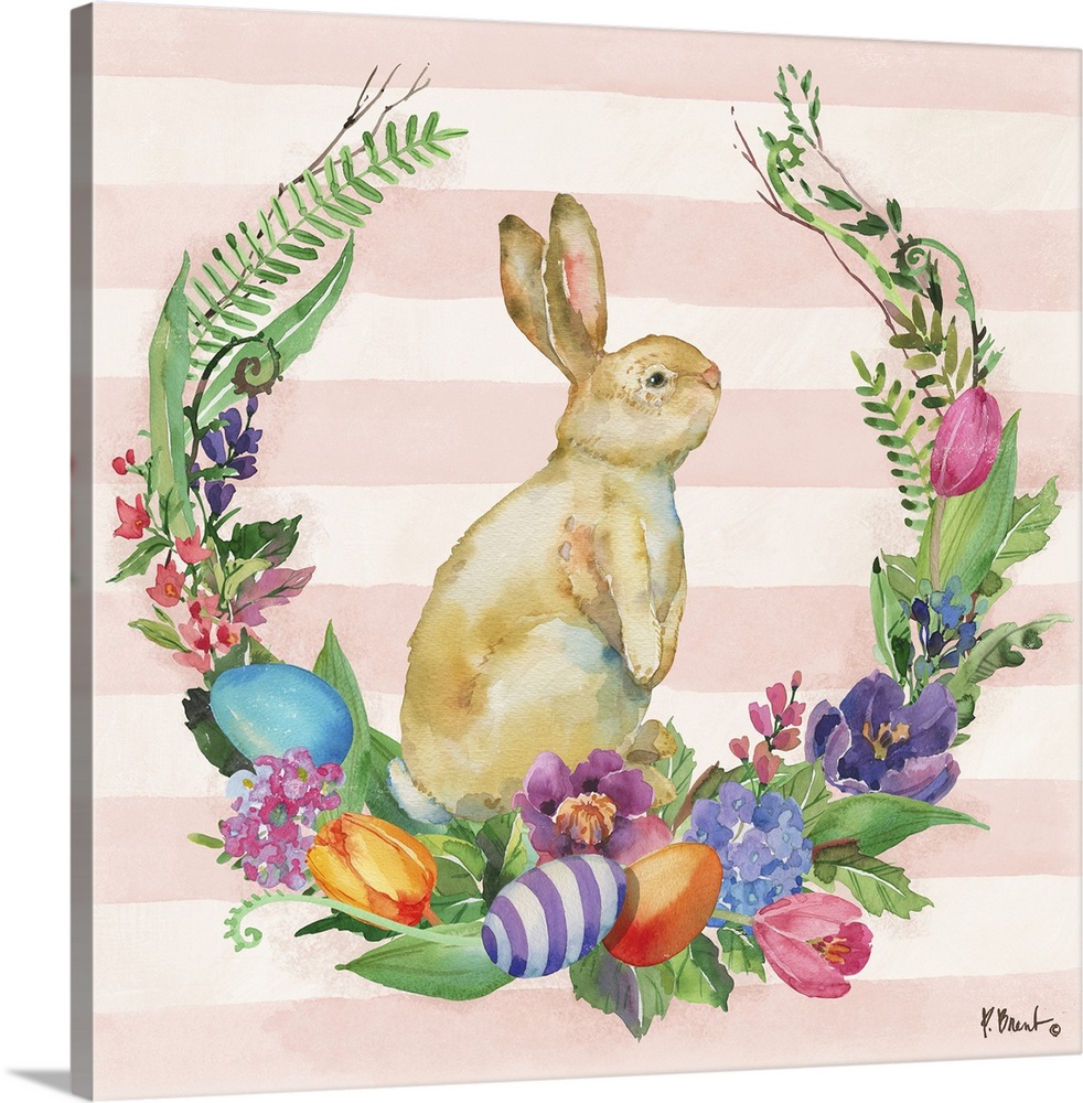 Spring decor with a watercolor painted bunny in the center of a floral and leafy wreath with Easter eggs on a light pink a...