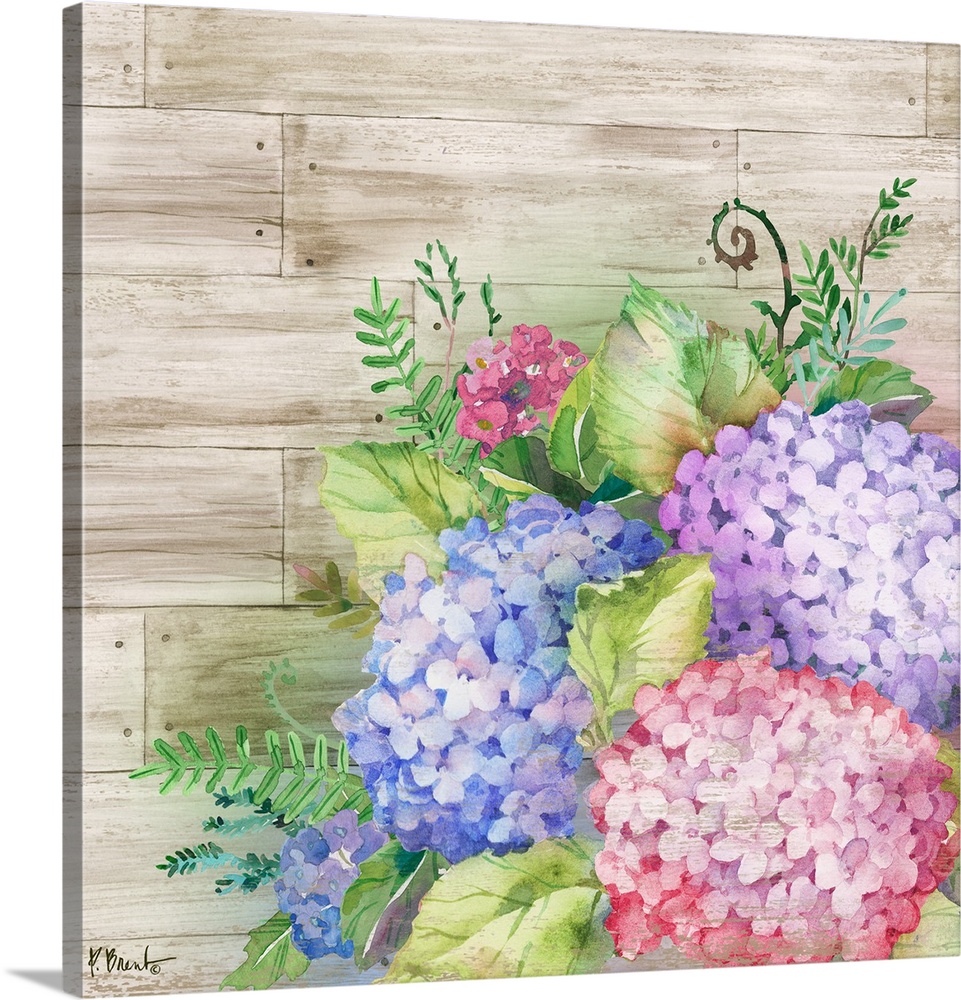 Square decor with watercolor painted hydrangeas on a faux wood plank background.