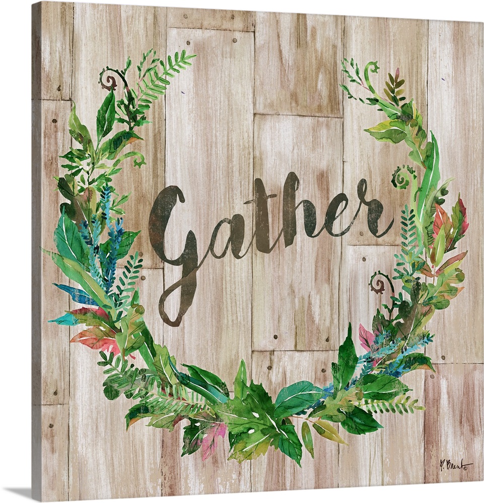 "gather" written inside a leafy green wreath on a faux wood background.