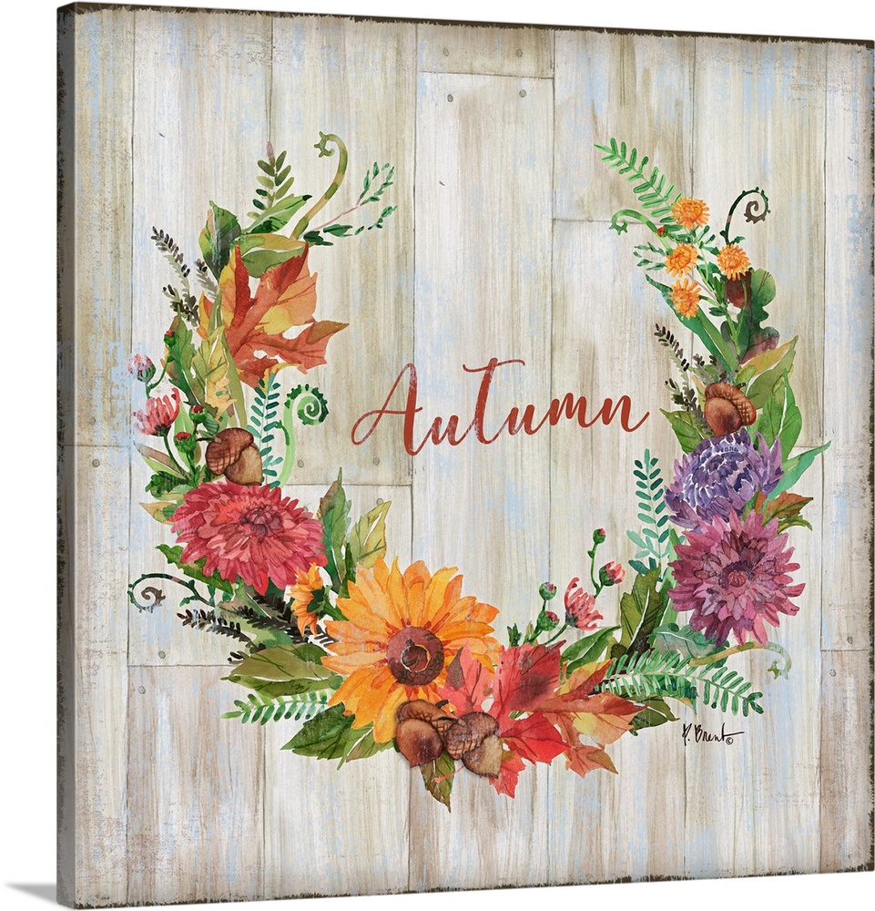 Square decor with a wreath made of Autumn flowers and greens on a faux wood background with "Autumn" written in the center.