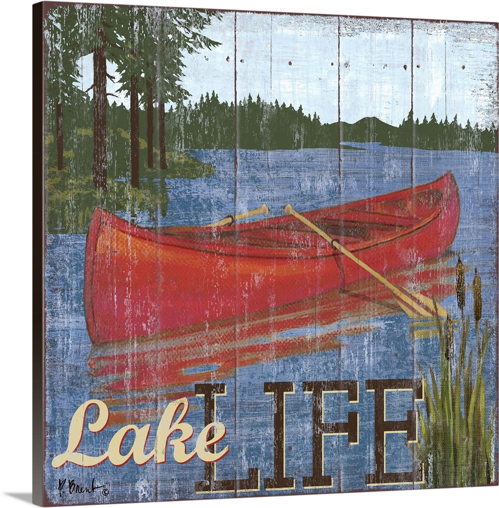 Decorative art of a canoe on a lake in the mountains on a textured panel background.