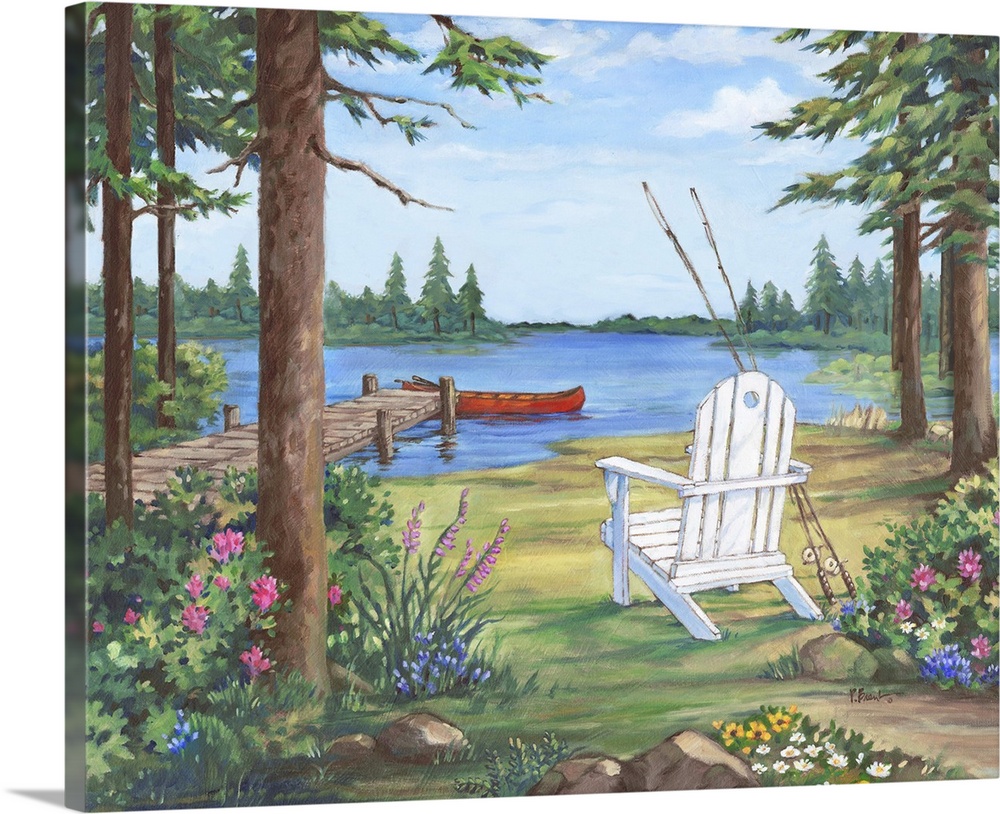 Contemporary painting of a lake with an adirondack chair, pier, fishing poles, and trees.