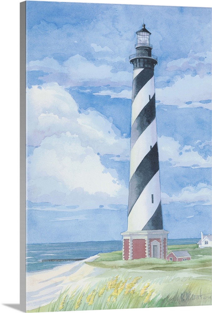 Watercolor painting of the Cape Hatteras lighthouse on the Outer Banks, North Carolina.
