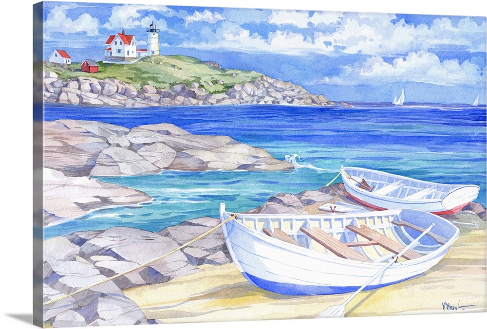 Watercolor painting of two boats on the rocky shore with a lighthouse in the distance.