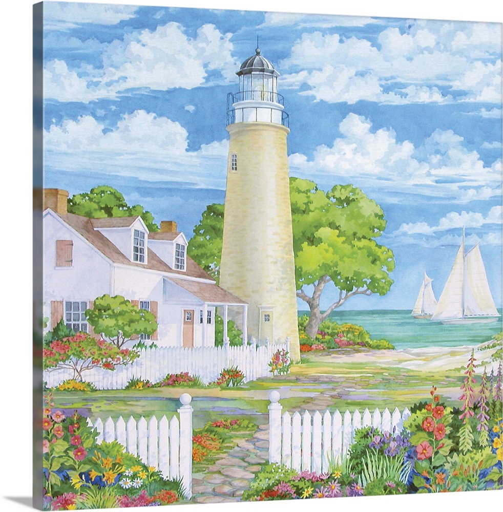 Contemporary watercolor painting of a coastal scene, with a lighthouse and a colorful garden.