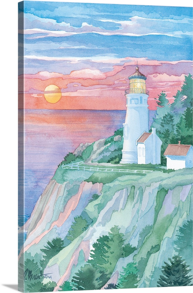 Watercolor painting of a lighthouse in Oregon at sunset on a cliff.