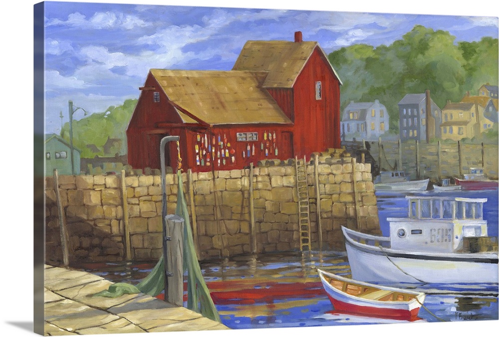 Contemporary painting of a New England lobster shack at a harbor with boats.