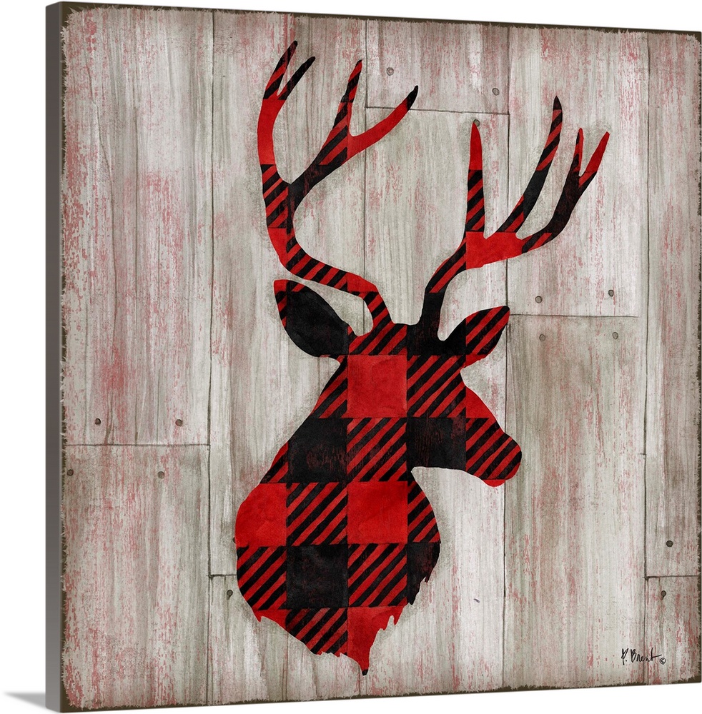 Square cabin decor with a red and black flannel patterned silhouette of a deer on a faux distressed wooden background.