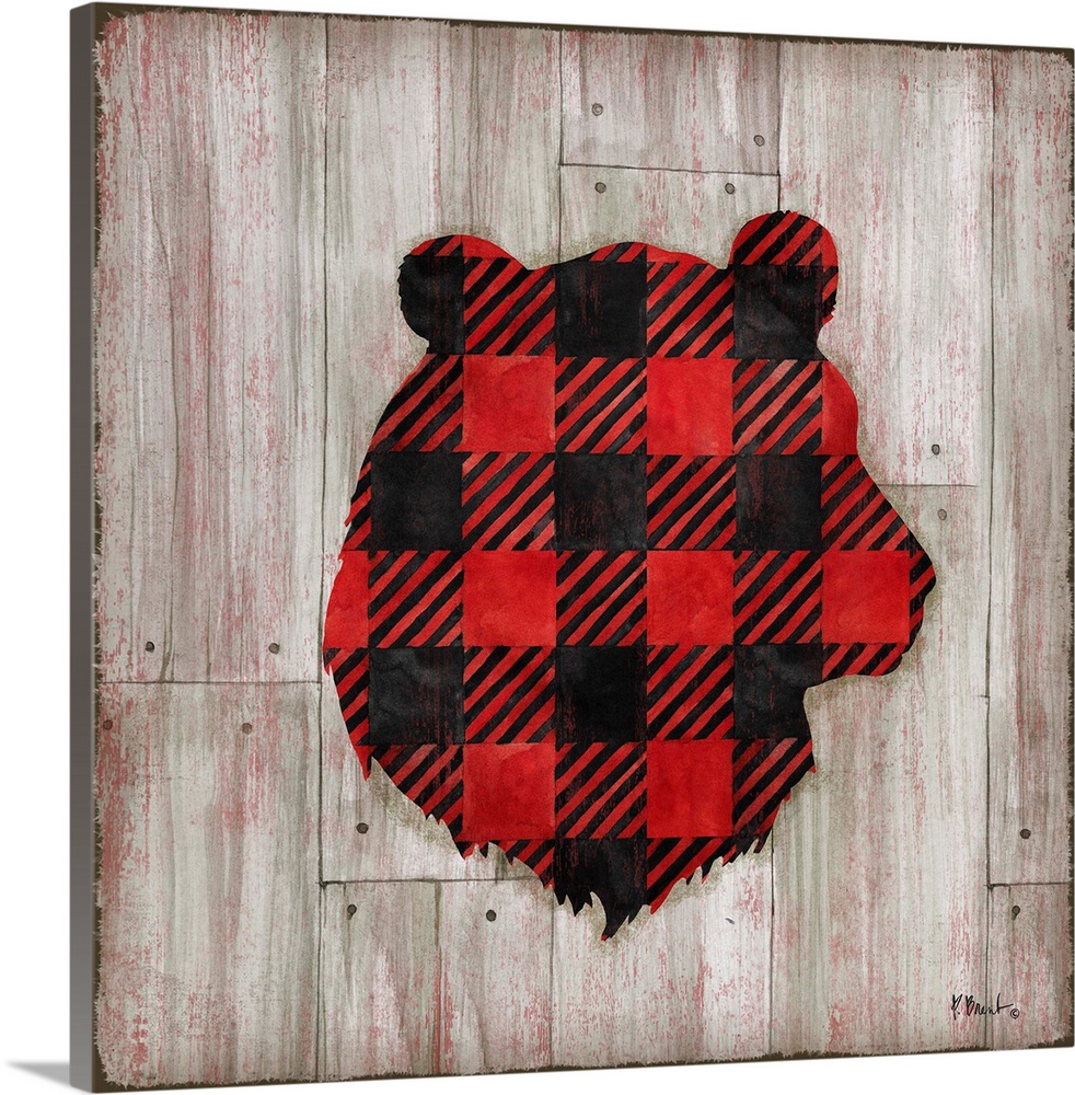 Square cabin decor with a red and black flannel patterned silhouette of a bear on a faux distressed wooden background.