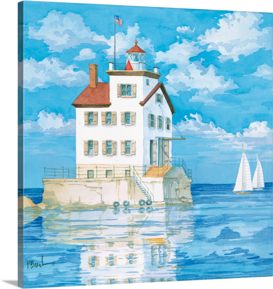 Contemporary painting of a lighthouse reflected in Lake Erie.