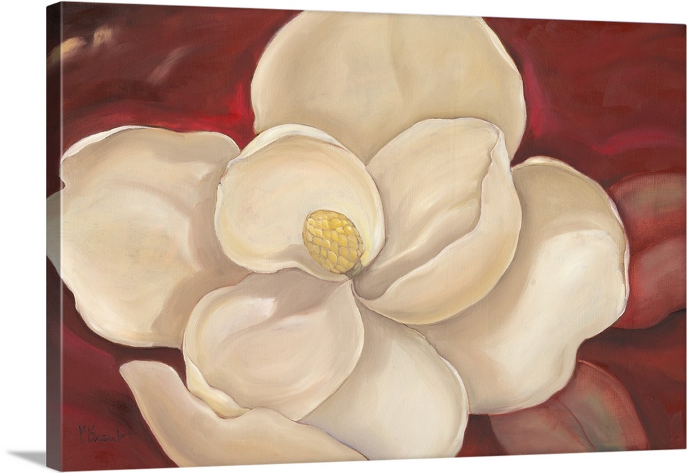 Contemporary painting of a magnolia flower with broad petals.