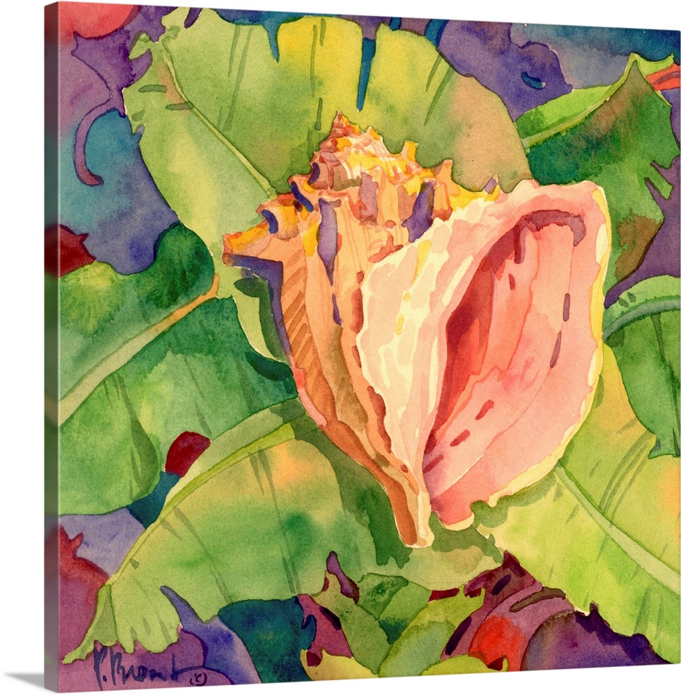 Contemporary painting of a conch shell resting on a bed of tropical leaves.