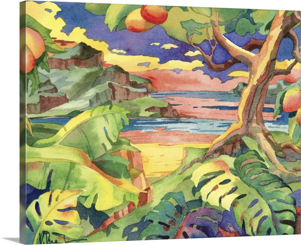 Tropical painting of a large mango tree near a sandy beach.