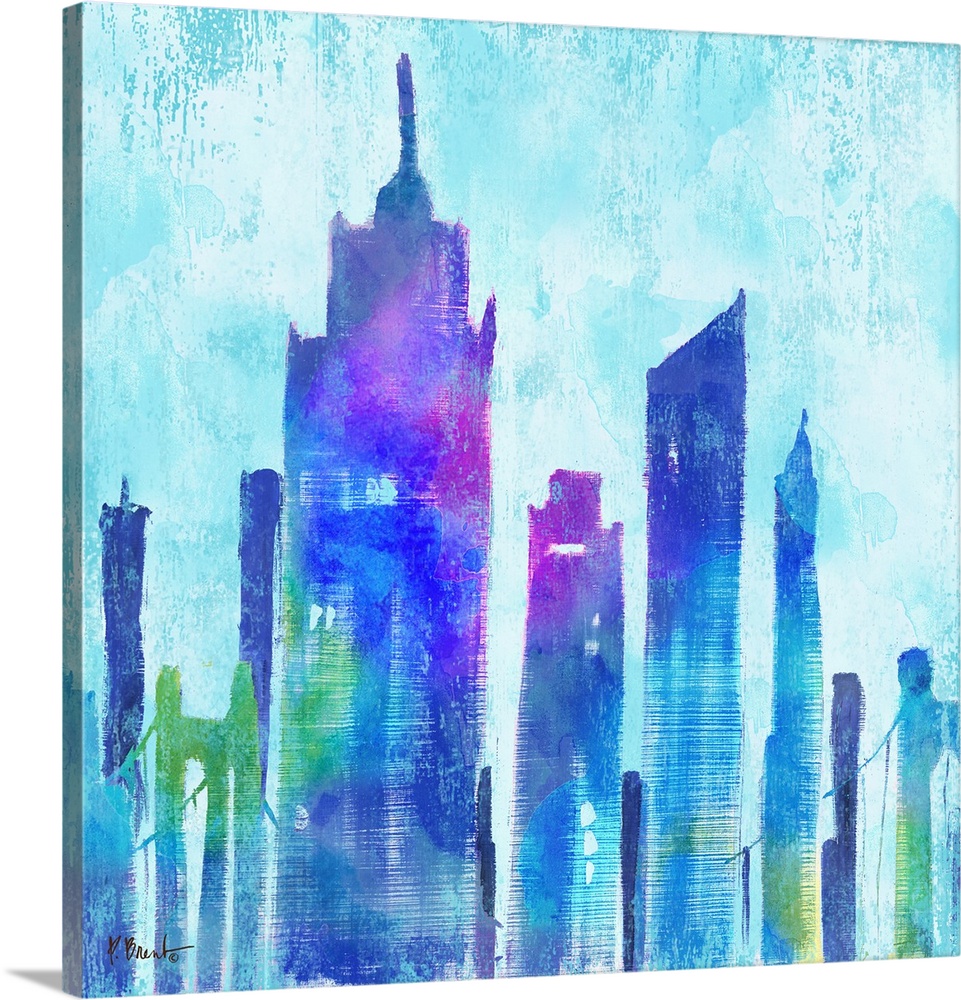 Watercolor skyline of buildings in New York city in blue and purple tones.