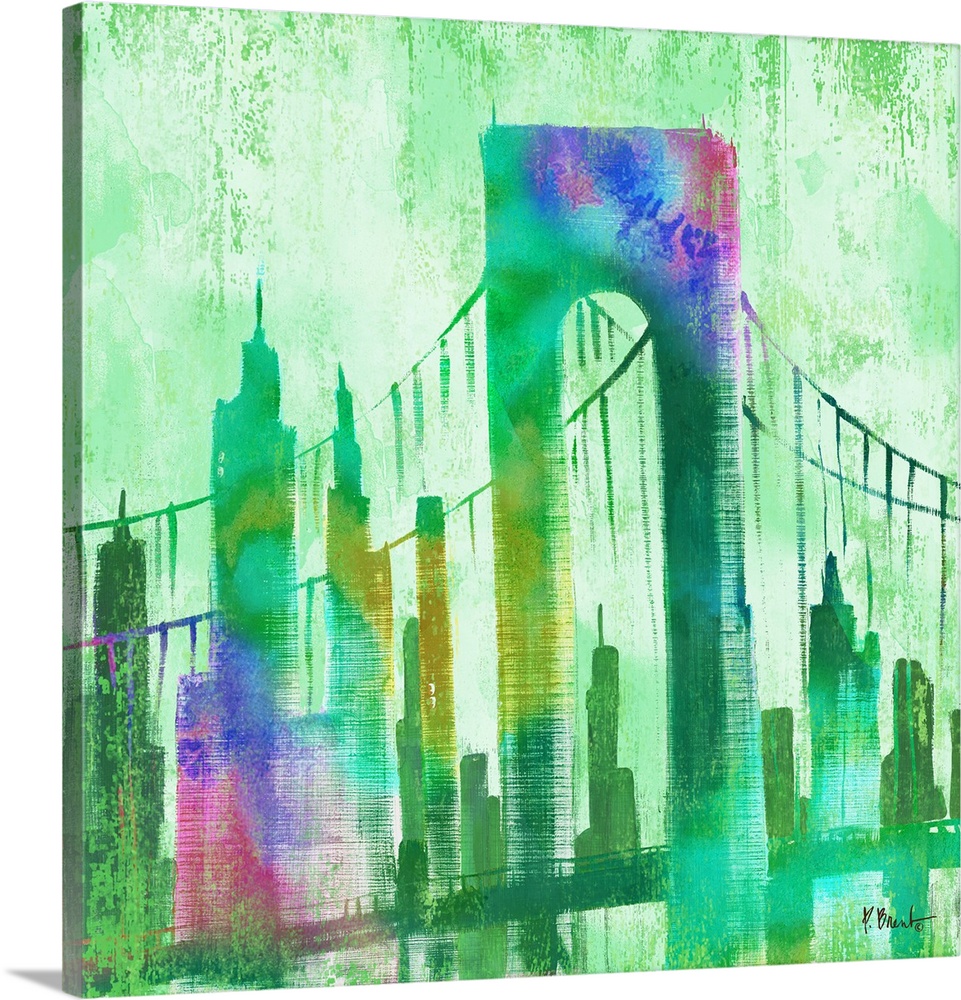 Watercolor skyline of buildings and the Brooklyn Bridge in New York city in green and purple tones.