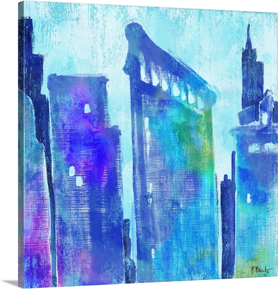 Watercolor skyline of the Flatiron Building in New York city in blue and purple tones.