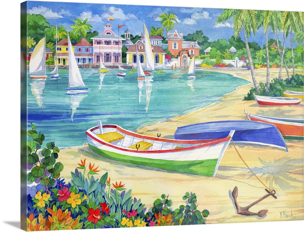 Painting of several boats on the beach in a tropical harbor.