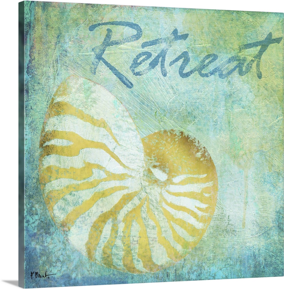 Cool-toned artwork with a nautilus shell print on a textured background and the text Retreat.