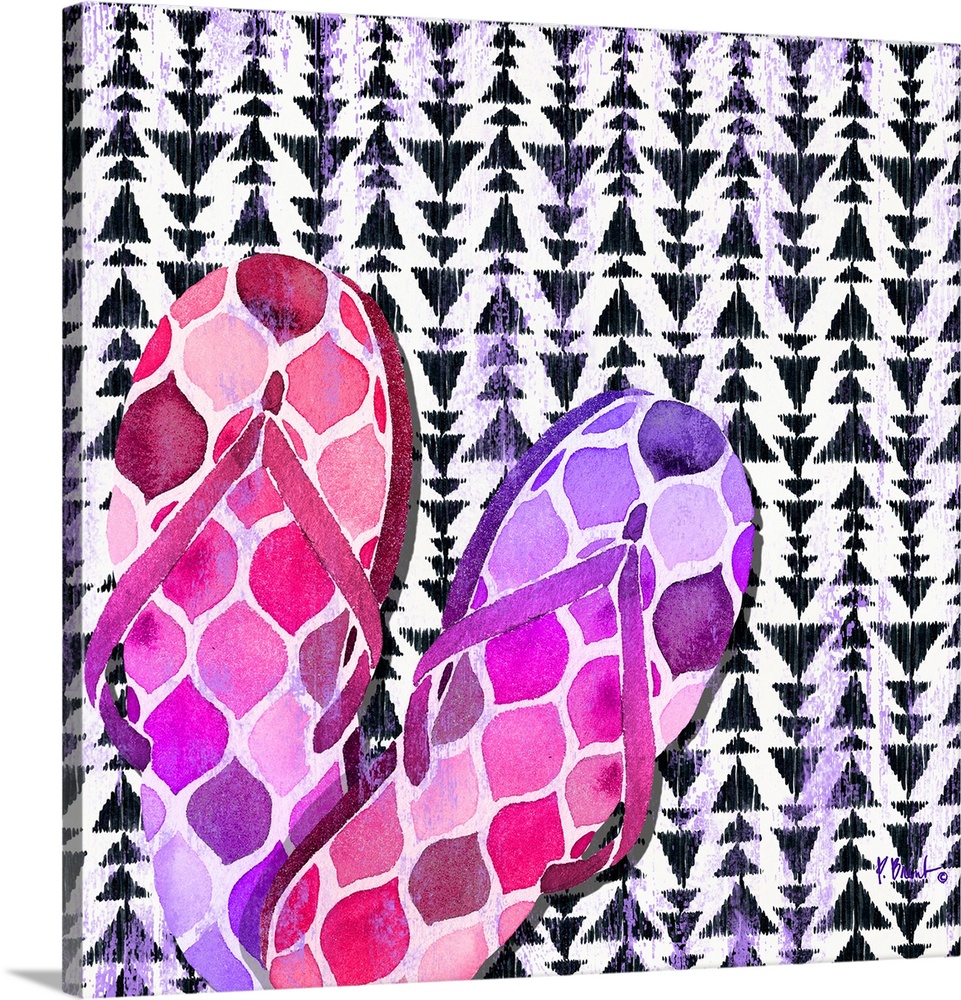Bright watercolor sandals over a black and white geometric background.