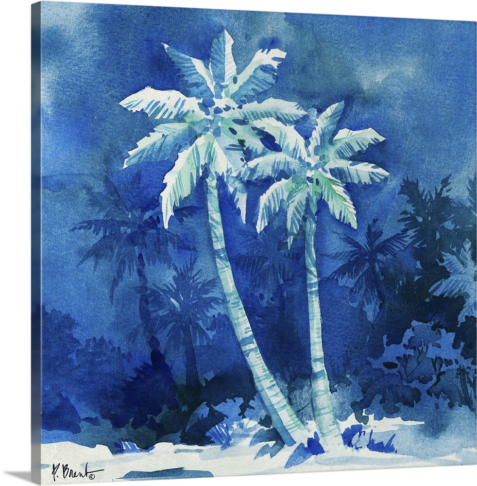 Monotone painting of two palm trees against deep blue scenery.
