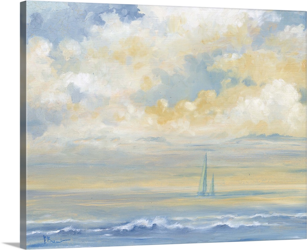 Contemporary artwork of sailboats on the ocean in the distance under large clouds.