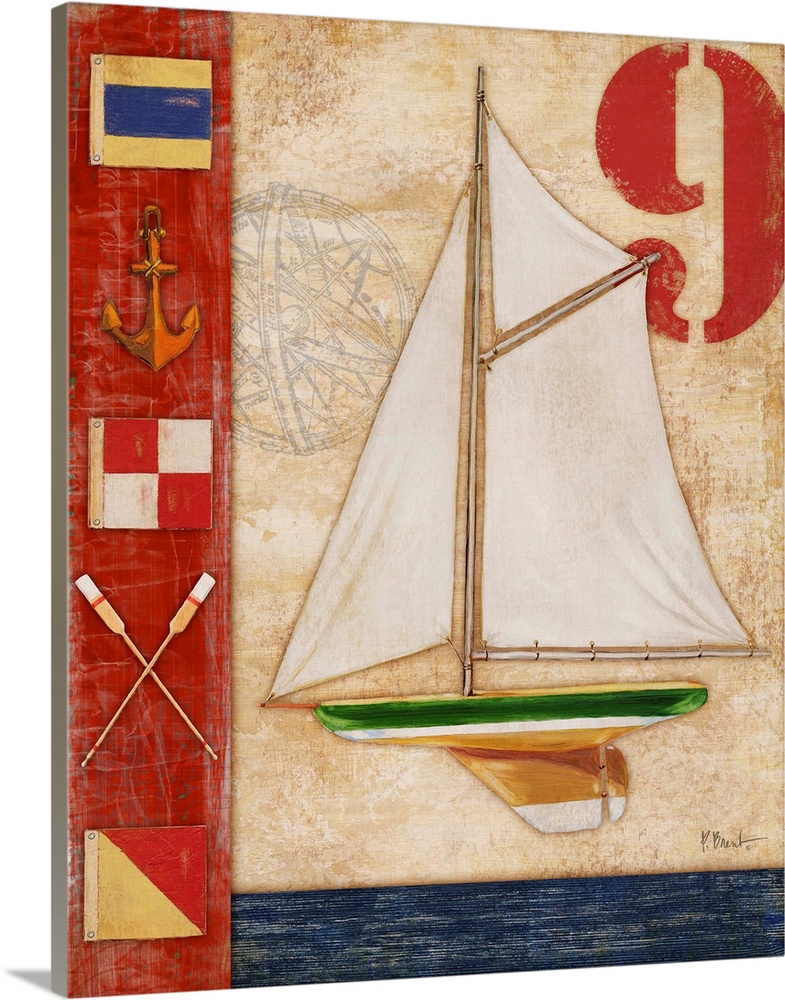 Decorative artwork featuring a yacht and nautical elements, such as flags, an anchor, and oars.