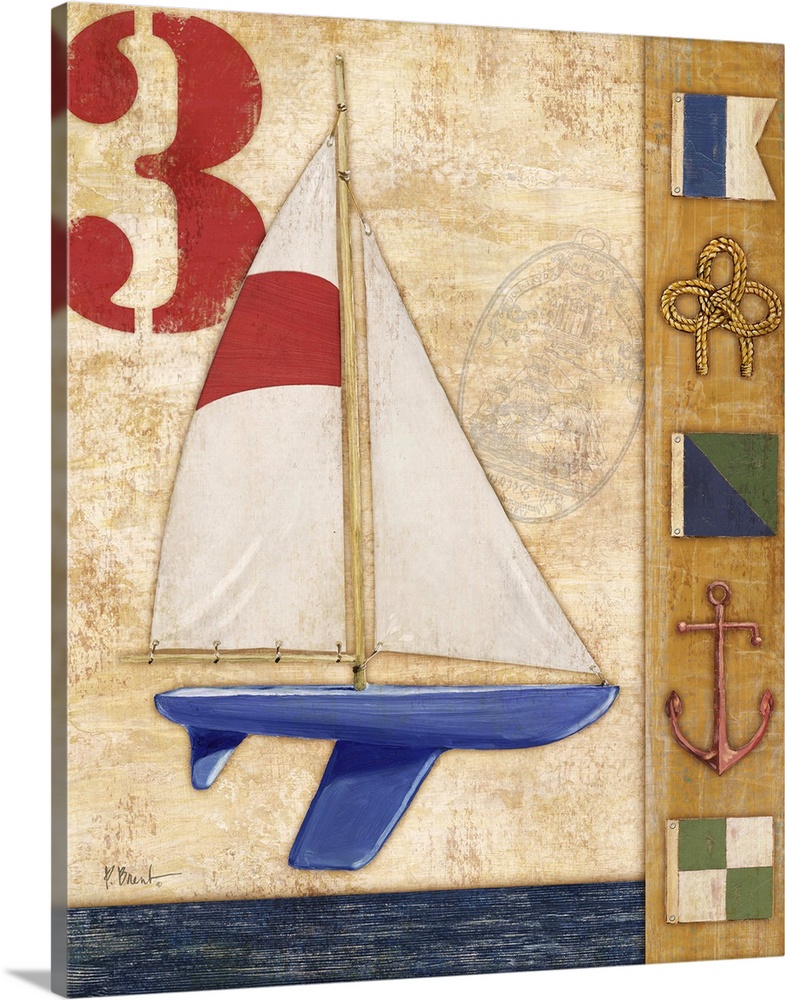 Decorative artwork featuring a yacht and nautical elements, such as flags, an anchor, and rope.