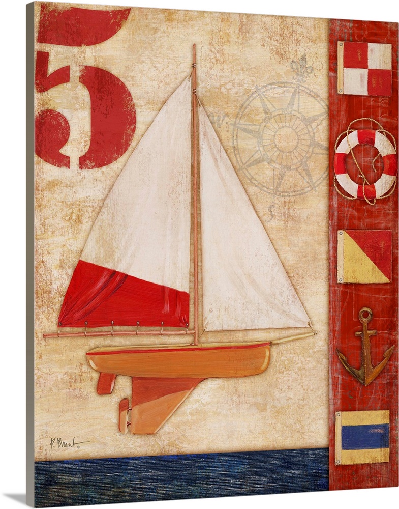 Decorative artwork featuring a yacht and nautical elements, such as flags, an anchor, and a lifering.