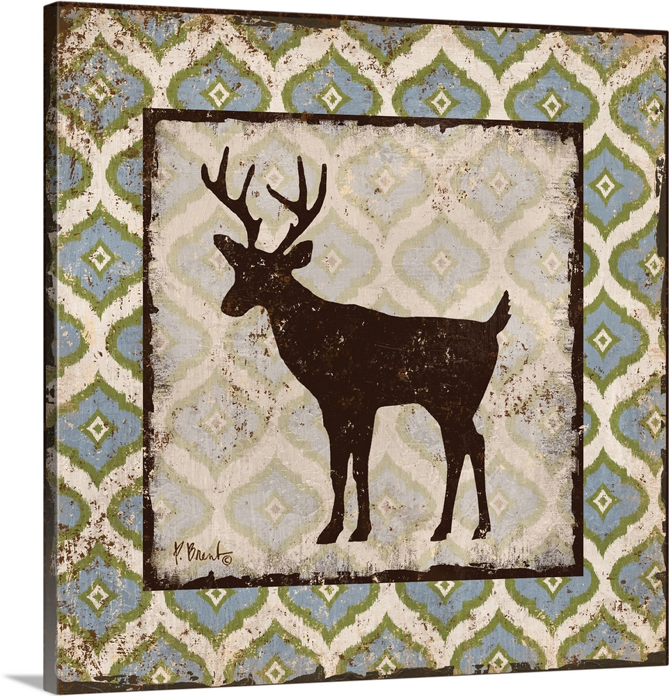 Decorative square artwork featuring a silhouetted deer on a boho pattern.