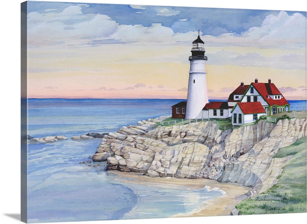 Watercolor painting of a lighthouse on a rocky cliff overlooking the ocean.