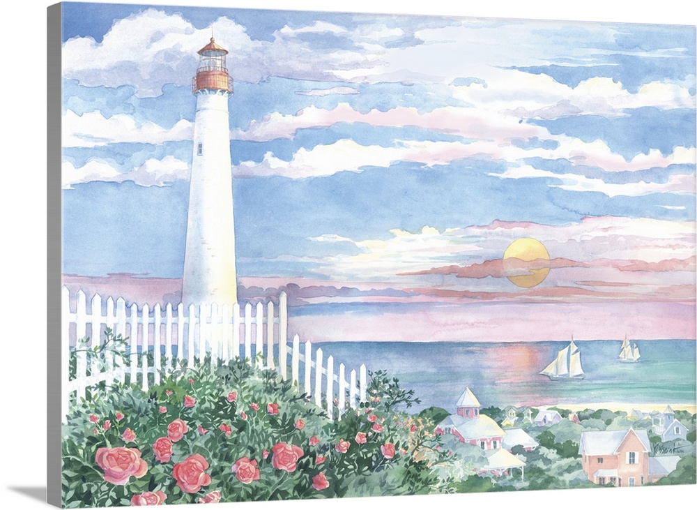 Cape May lighthouse in New Jersey in the morning with a white fence and garden.
