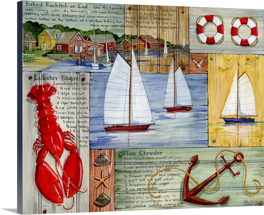 Collection of nautical elements from Nantucket, including a lobster, anchor, sailboats, and lifesavers.