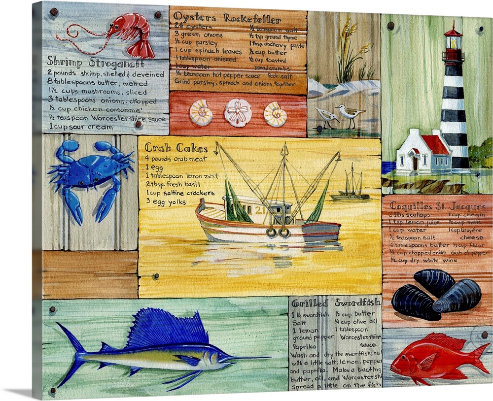 Collection of nautical elements from Nantucket, including a sailfish, lighthouse, and fishing boat.