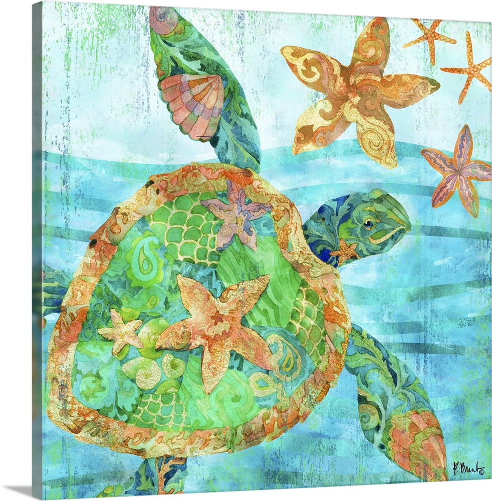 Square watercolor painting of a sea turtle and starfish in the ocean with detailed patterns in blue, green, gold, yellow, ...