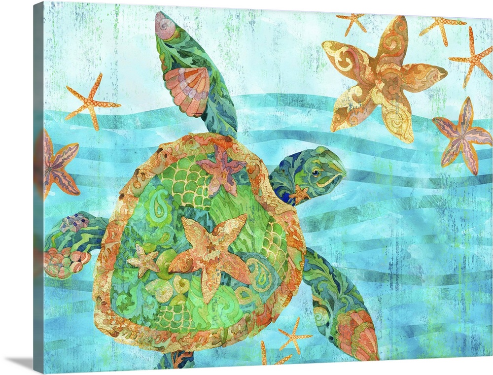 Large watercolor painting of a sea turtle and starfish in the ocean with detailed patterns in blue, green, gold, yellow, a...